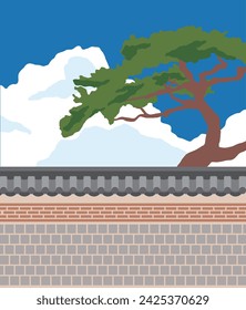 This is an illustration of a combination of Korean traditional houses, walls, pine trees, and clouds. Korean buildings are called 'Hanok', and their characteristic feature is their tiled roofs.