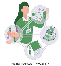 This is an illustration of a community liaison coordinator who connects medical care, nursing care, welfare, and home support.