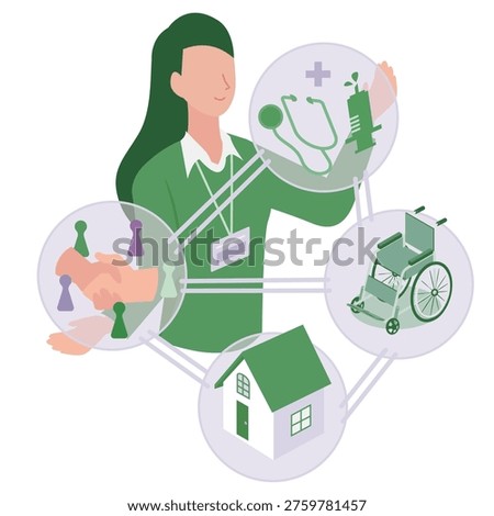 This is an illustration of a community liaison coordinator who connects medical care, nursing care, welfare, and home support.