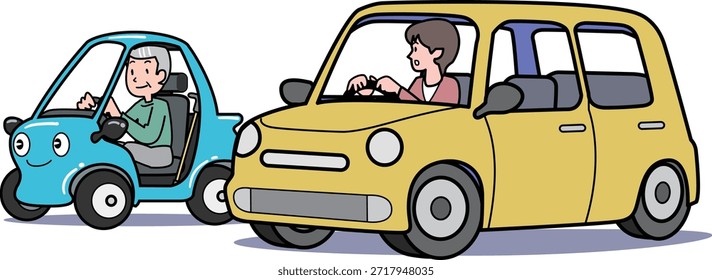 Esta es una ilustración que compara un automóvil monoplaza para personas mayores con un automóvil de pasajeros regular.