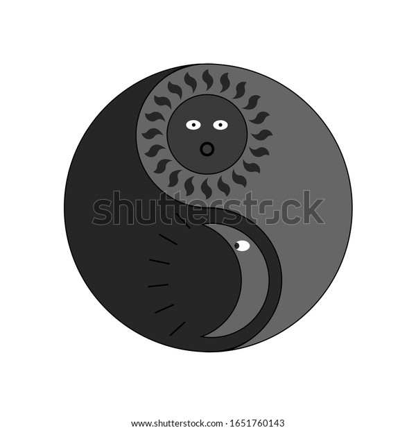 This illustration consists of\
the classic yin yang sign, as well as the moon and sun. However,\
the sun does  not appear here as something good, but very\
mysterious.