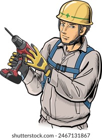 This is an illustration of a construction worker holding a drill driver.