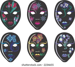 This illustration contains a set of six individually grouped masks.