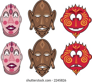 This illustration contains a set of six individually grouped masks, great to use together or as design elements. A fun and decorative set of masculine faces all decorated to set a mood.