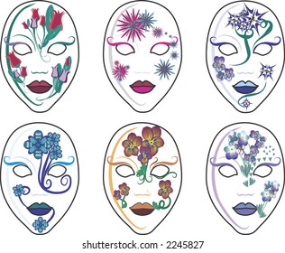 This illustration contains a set of six individually grouped masks, great to use together or as design elements.