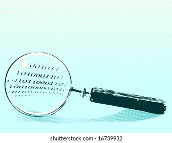 This illustration contains a vector trace of an antique magnifying glass. Includes halftone patterns.  Fully editable and scalable.
