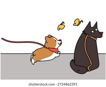 Esta é uma ilustração contrastando um Corgi puxando energeticamente em uma caminhada com um cão calmo.