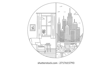 Esta ilustración contrasta dos estilos de vida distintos. Un lado muestra un acogedor interior de la casa con una ventana, un sillón y una planta. El otro lado presenta un paisaje urbano vibrante con edificios altos y un