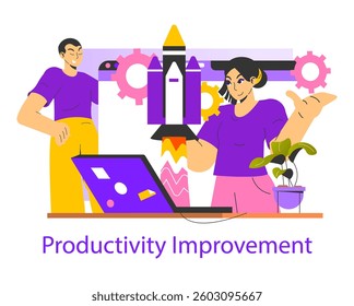This illustration conveys the concept of productivity improvement in a work environment. It shows a team celebrating successful progress in projects with technology and strategies. Vector illustration