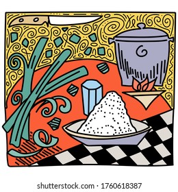 This is an illustration of cooking in retro-modern style. This illustration can be used to decorate the kitchen, dining room, cafe, restaurant. Stylish vintage cooking food concept.