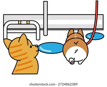 This is an illustration of a Corgi and a cat looking into a puddle while taking a walk after the rain.