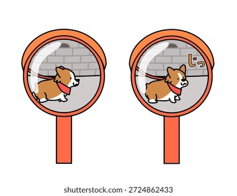 Esta es una ilustración de un Corgi mirando con curiosidad su reflejo en un espejo convexo mientras sale a caminar.