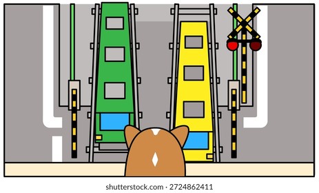 This is an illustration of a corgi waiting for a train at a railroad crossing, seen from above.