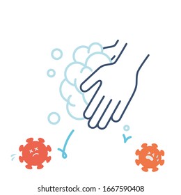 Esta es una ilustración de la caída del coronavirus lavando las manos. Imagen vectorial.