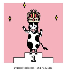 This is an illustration of a cow who becomes a champion in some competition and climbs onto the podium.