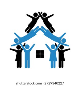 Esta ilustración representa creativamente a un grupo diverso de personas, representadas por estilizadas figuras de palo en azul y negro, que se unen para formar la estructura de una casa. Dos figuras en la parte superior, en negro, forman la cima del techo, mientras que dos figuras azules alargadas crean los lados inclinados. Abajo, más figuras en azul y negro con los brazos extendidos unen las manos o los cuerpos, creando las paredes y los cimientos de la casa. Un cuadrado simple y oscuro con cuatro Pequeños cuadrados en el interior, que representan una ventana, se coloca centralmente dentro de la estructura. La Imagen general transmite un poderoso mensaje de comunidad, colaboración, refugio y Asistencia mutua, sugiriendo que juntos, las personas pueden construir y proteger sus hogares y sus vidas.
