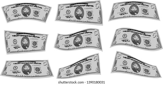 This is an illustration of a crooked five dollar US banknote.