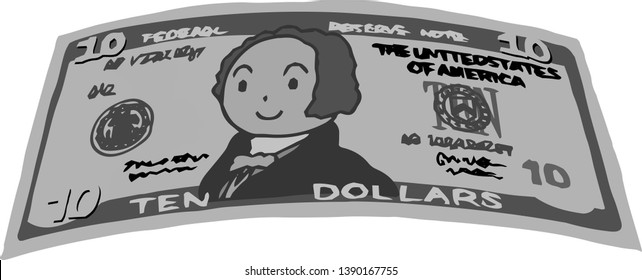 This is an illustration of a crooked ten dollar US banknote.