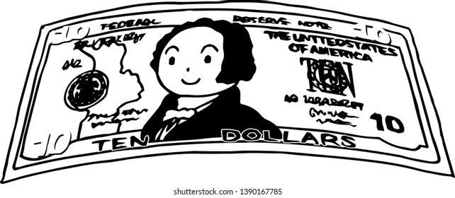 This is an illustration of a crooked ten dollar US banknote.