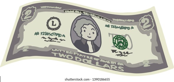 This is an illustration of a crooked two dollar US banknote.