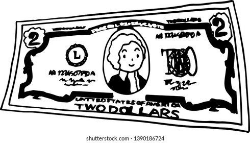 This is an illustration of a crooked two dollar US banknote.