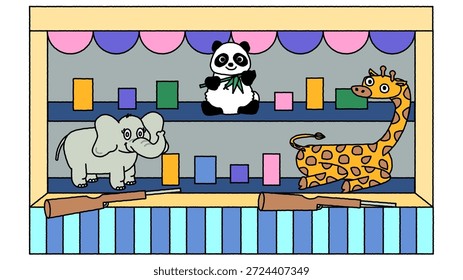 This is an illustration of cute animals lined up at the shooting gallery corner at a festival.