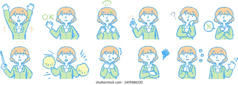 This is a illustration of a cute bob cut business woman face and pose.
