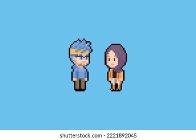 This is an illustration of a cute and chibi boy and girl, in pixel art style. boys with blue hair and wearing blue jackets, while girls wear hijabs and pink shirts.