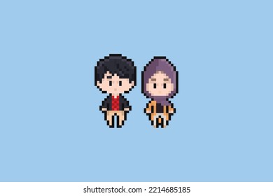 This is an illustration of cute and chibi human characters in pixel art style, there are male characters with neat hair and women with rain. This illustration can be used for sticker and pixel art des