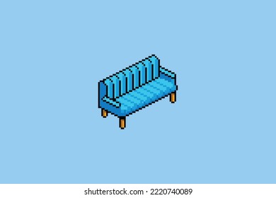 This is an illustration of a cute and chibi sofa, in pixel art style. This sofa is red. This illustration can be used for stickers, game assets.