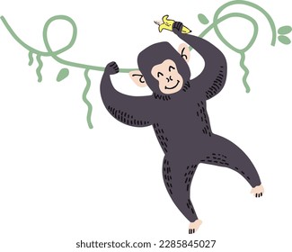 This is a illustration of a cute chimpanzee climbing the rope.