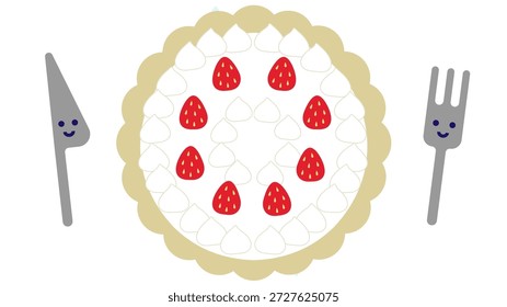 Esta é uma ilustração de uma sobremesa fofa que combina bolo de morango e talheres.