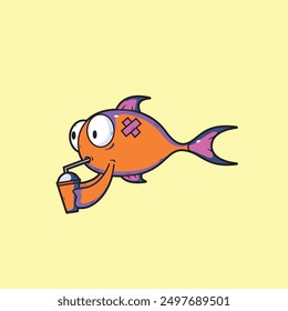 This is an illustration of a cute fish character drinking