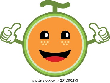Das ist eine Illustration von süßer lustiger Melone mit zwei Daumen.  Geeignet für frische Früchte, Saft, Saft, Natur, Honigtaumelone, Restaurant, Lebensmittelgeschäft, etc.