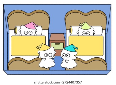 Esta é uma ilustração de fantasmas fofos dormindo e acordando na cama.