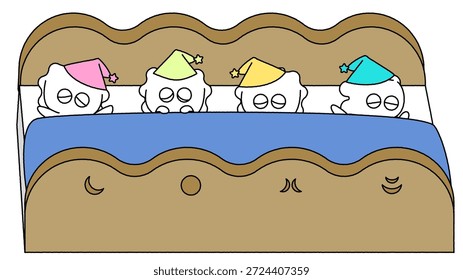 Esta es una ilustración de lindos fantasmas durmiendo uno al lado del otro en un futón.