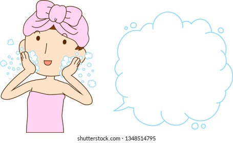 This is an illustration of a cute lady who is washing the face as after bathing with Bubble Callout.