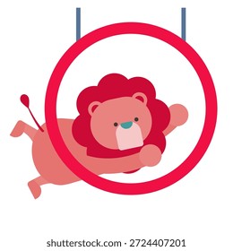This is an illustration of a cute lion going through a hoop.