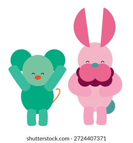 Esta é uma ilustração de um rato e coelho bonitinhos, felizes, lado a lado.