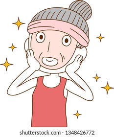 This is an illustration of a cute older lady who is washing the face.