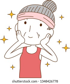 This is an illustration of a cute older lady who is washing the face.