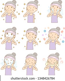 This is an illustration of a cute older lady who is washing the face.