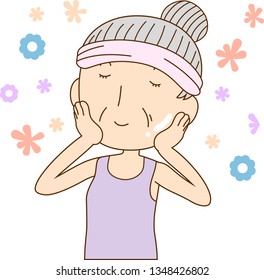 This is an illustration of a cute older lady who is washing the face.