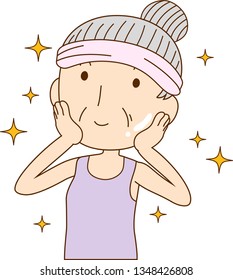 This is an illustration of a cute older lady who is washing the face.