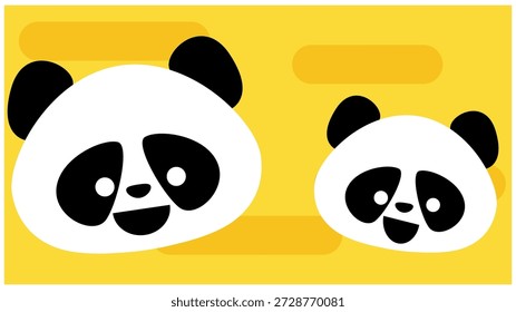 This is an illustration of cute panda faces lined up on a background with space between them.