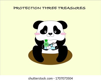 This illustration is a cute panda holding a mask, glasses and instant hand sanitizer.