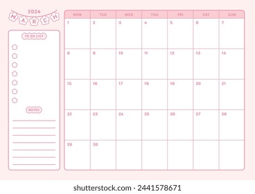 This is an illustration of a cute pink design calendar template with a spring concept for April 2024. Notes, scheduler, diary, calendar, memo, planner document template background.