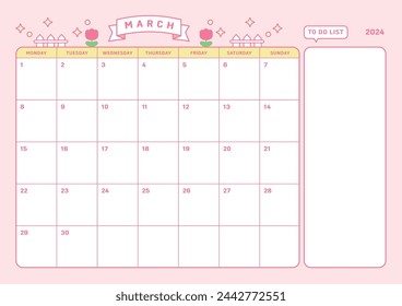 This is an illustration of a cute pink design calendar template with a spring concept for April 2024. Notes, scheduler, diary, calendar, memo, planner document template background.