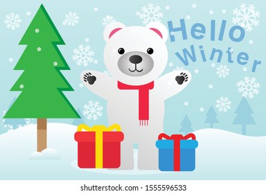 This is an illustration of a cute polar bear with a gift box, this vector was made to welcome winter. Can be used as brochures, posters, stickers, t-shirt screen printing and goody bags.