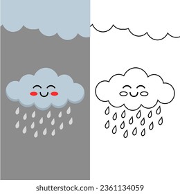 This is an illustration of the cute rain cloud in the sky and next to it is a black-and-white version of the color